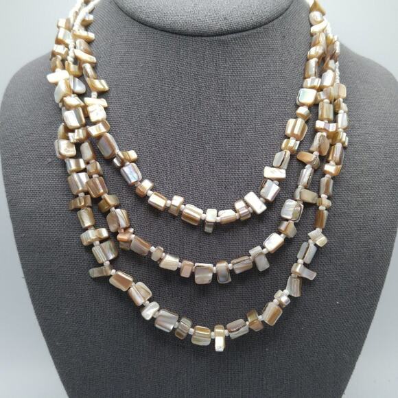 Abalone Shell Three Strand Necklace, Glass White Seed Beads, 19 Inches - Picture 9 of 9